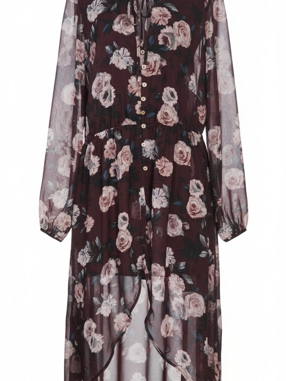 Plus Sheer Burgundy Chiffon Floral Maxi High-Low Fall Floral Dress 0X - Picture 3 of 13